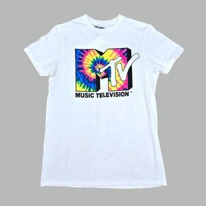 MTV Logo Graphic T Shirt Small White Tie Dye Rainbow Tee
